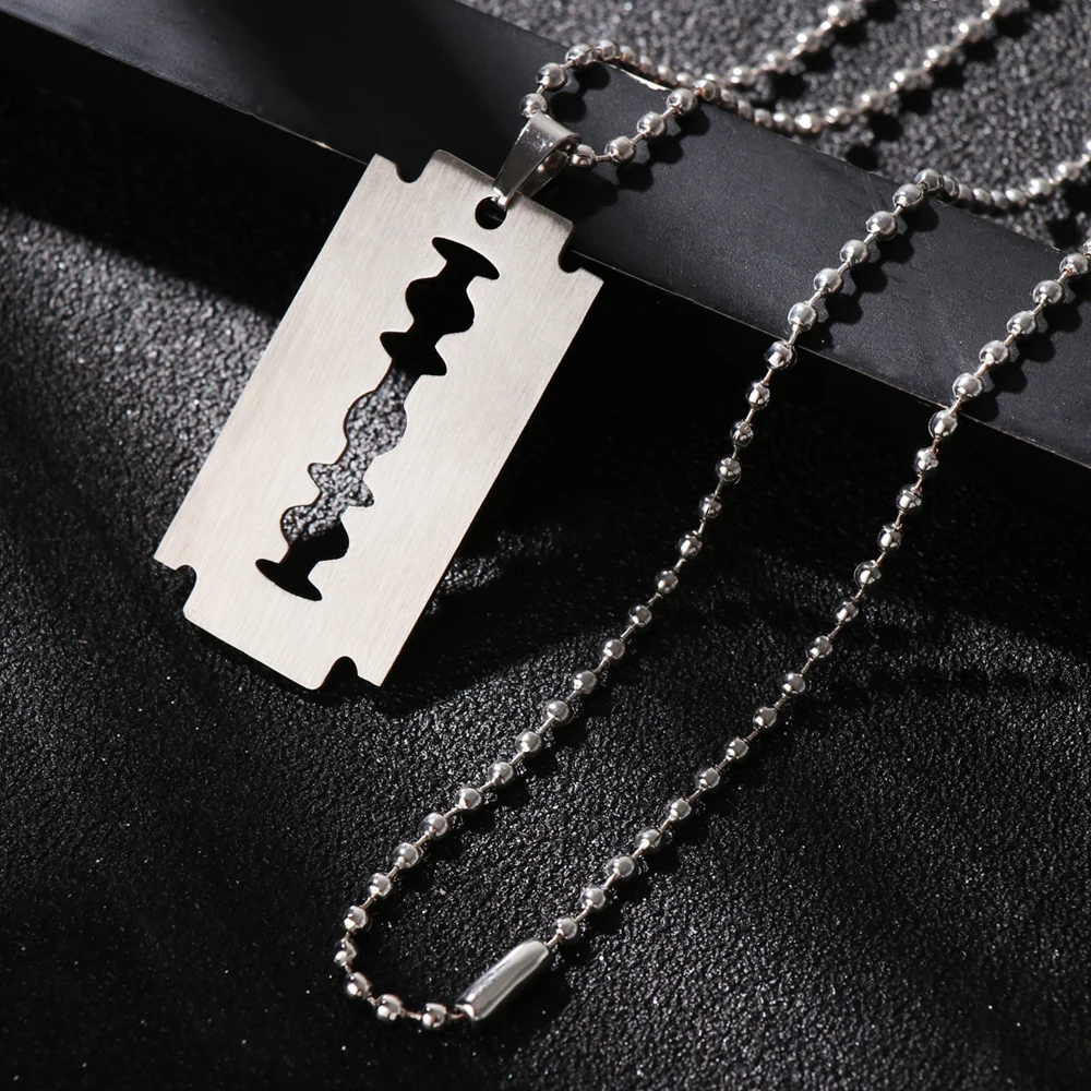 Unisex Stainless Unique Steel Razor Blade Fashion Fire Flame Shaped Pendant Hip Hop Dog Tag Necklace Brand Streetwear Pendant