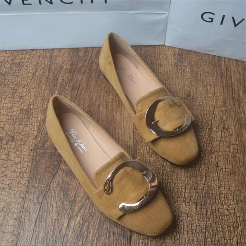 Women Loafers Flats Slip On High Quality Flock Shoes flat metal buckle square head large size British wind Casual Shoes Flat