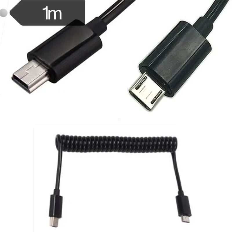 Spiral Coiled Micro USB B 5Pin M to Mini USB B 5Pin Male adapter adaptor Cable