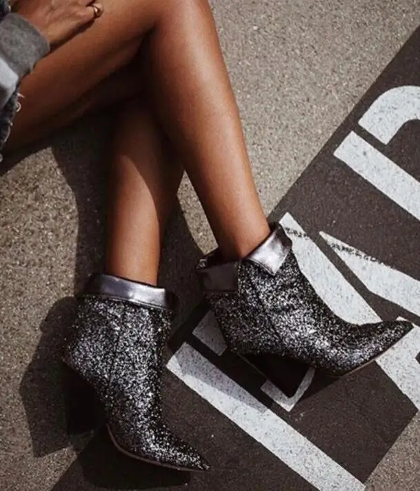 

Spring New Bling Dark Silver Glitter Women Ankle Boots Sexy Pointy Toe Ladies Finger Heel Boots Slip On Fashion Fold Boots