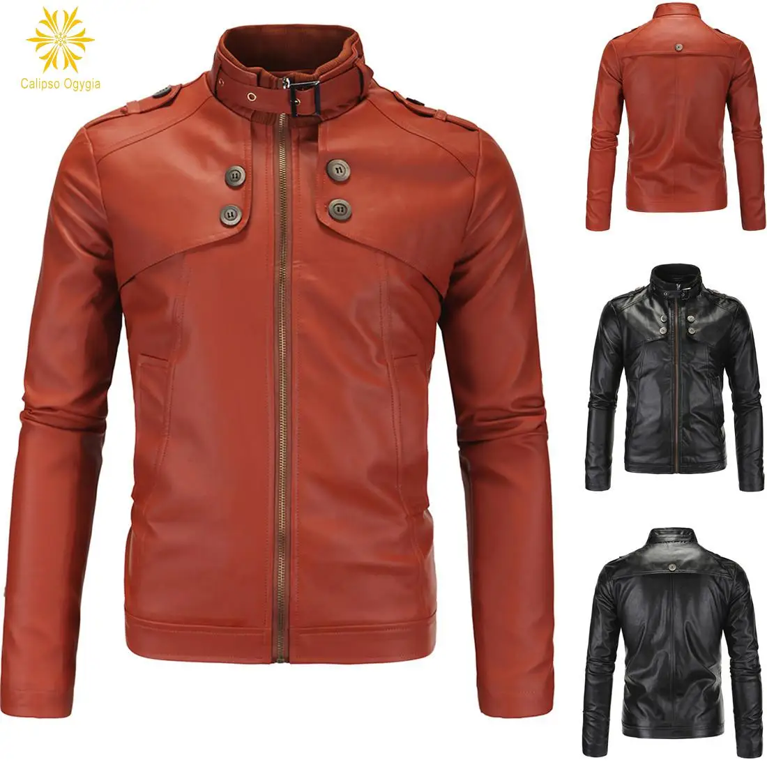 

Fashion Buttom Striped New Men's Slim Stand Collar Short Paragraph Motorcycle Faux Leather Jacket Jackets For Male COML59