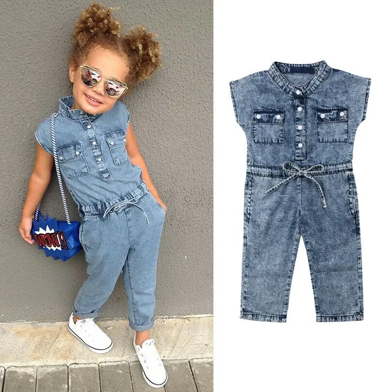 Summer Toddler Kids Baby Girl Clothing Denim Sleeveless Romper Jumpsuit Playsuit Long Pants Outfits 1-6T