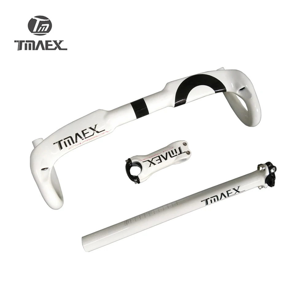 TMAEX- Professional White Road Bicycle Carbon Handlebar Sets, Bent Bar, Stem, Double Nail Seat Post, 400mm, 420mm, 440mm