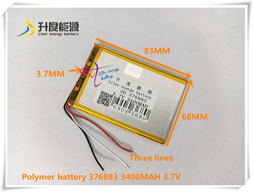 3.7V 3400mAH 376883 Polymer lithium ion / Li-ion battery for cell phone GPS e-book speaker dvd tablet pc