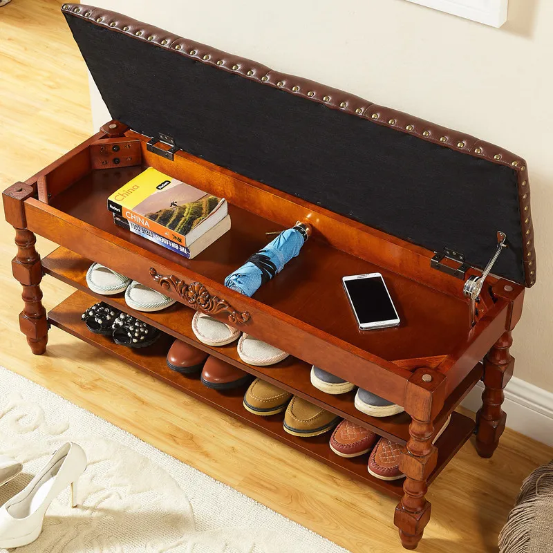 Solid Wood Carved Shoes Rack, Door Change Shoes Bench, Multifunctional Sofa Storage Stool