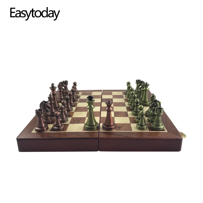 Easytoday International Chess Wooden Games Set Metal Chess Pieces Solid Wood Chess Board Entertainment Table Game Gift