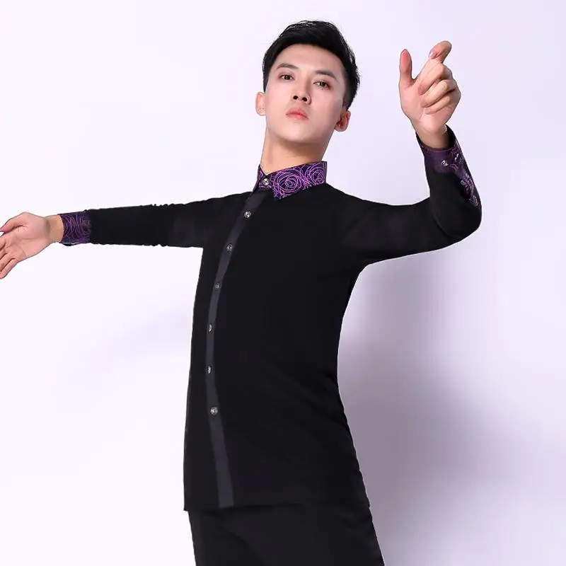 Mens Dance Tops Spring Latin Ballroom Modern Tango Samba National Standard Competition Long Sleeve Dancewear Top Shirt For Man