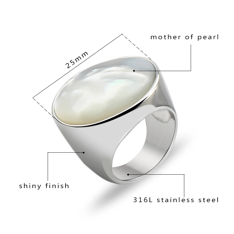 silver color 316L stainless steel product add mother of pearl women ring fashion bezel setting  wide interface jewelry