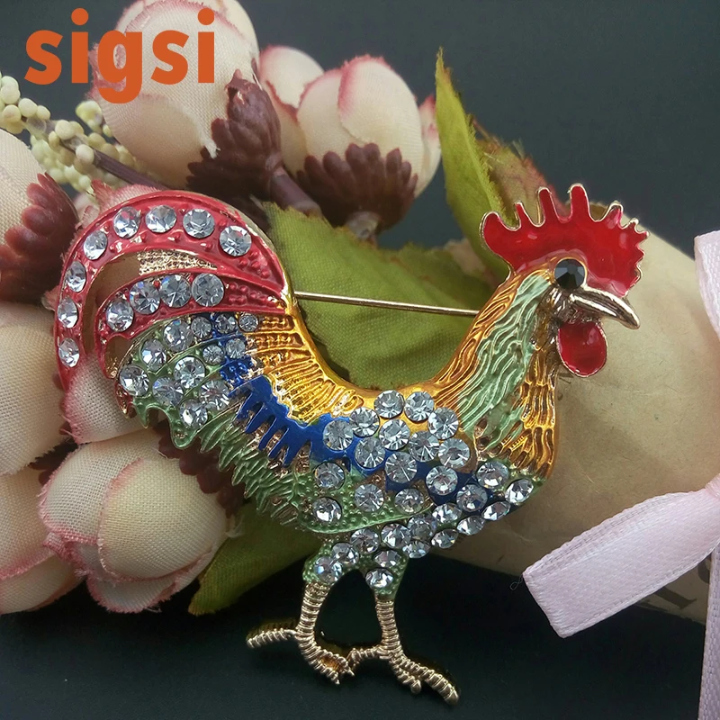 Vintage style 55mm Colourful jewelry lucky crystal Christmas gift rooster brooch fashion style chicken animal safety pin