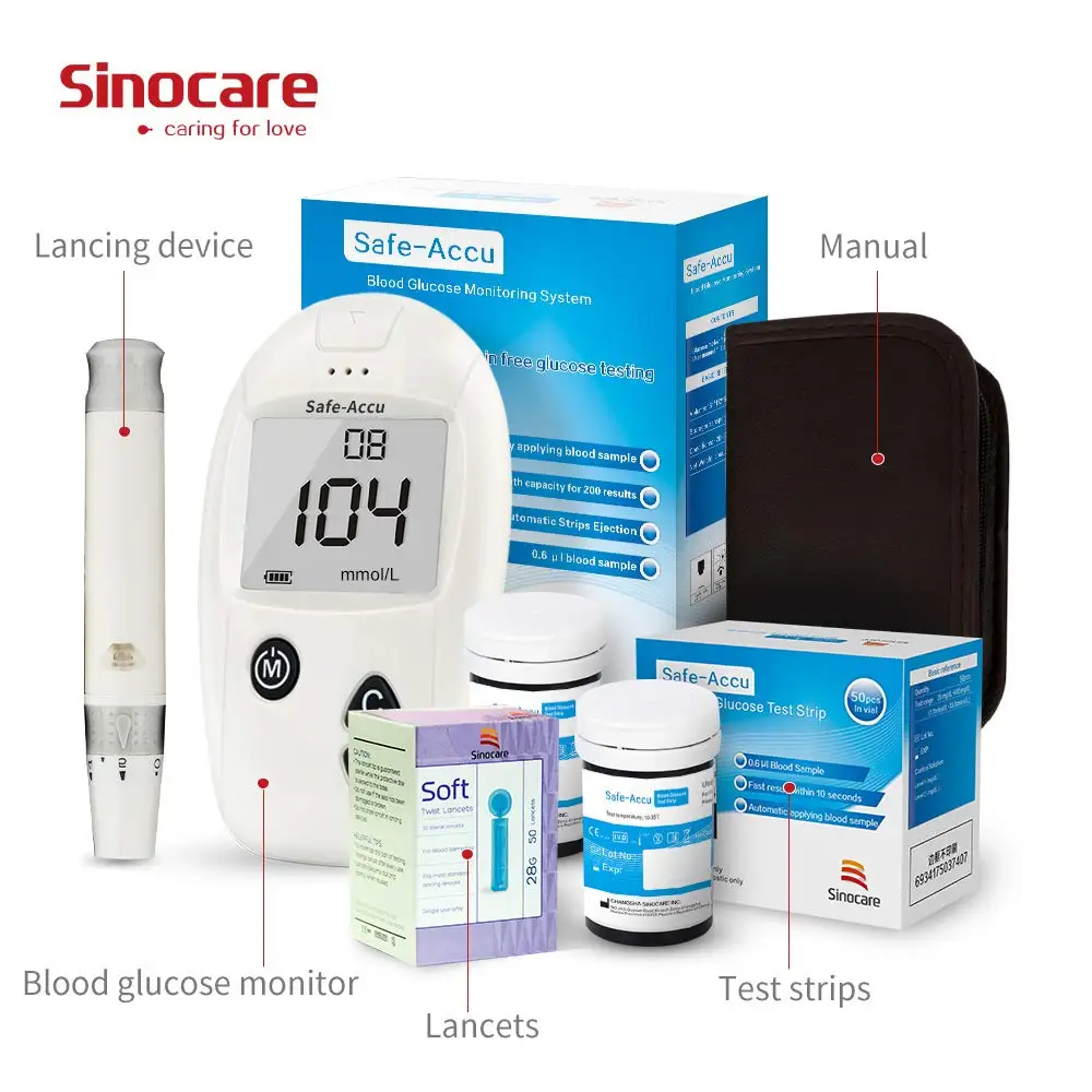 Sinocare Safe-Accu Blood Glucose Meter Glucometer Kit Diabetes Tester 50/100 Test Strips Lancets Medical Blood Sugar Monitor