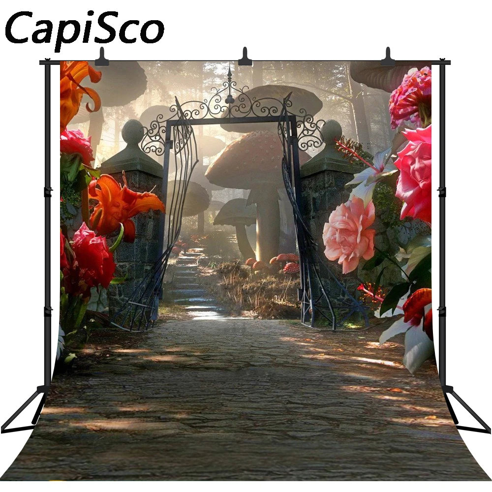 Capisco fantasía cuento de hadas país de las Maravillas flores jardín arco puerta camino de setas cumpleaños personalizado estudio fotográfico telón de fondo