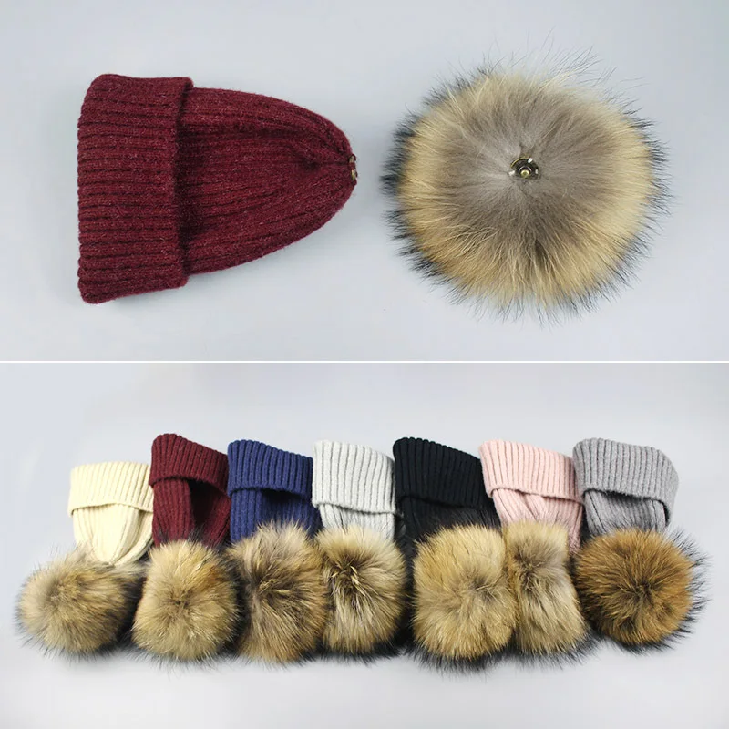 Pompom Hat Female Wool Raccoon Fox Fur Pom Poms Winter Hats Asymmetry High Quality Knitted Vogue Warm Casual Skullies Beanies