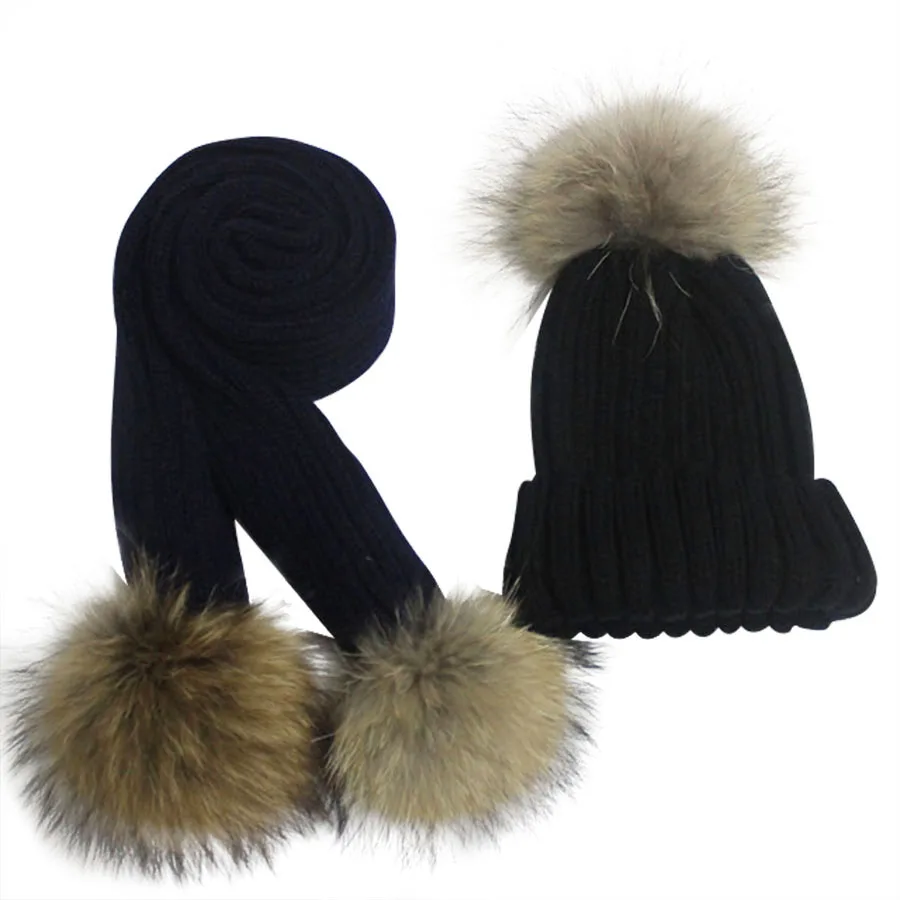 New Arrive Winter Kids Hat&Scarf Natural Real Raccoon Fur Pompom 3pcs Pom pom Beanies Children\' Warm Scarf Hats 1-8 Years Old