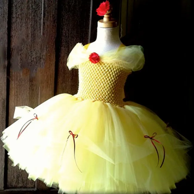 Girls Yellow Princess Tutu Dress Kids Crochet Tulle Flower Dresses Ball Gown with Red Ribbon Bow Children Party Costume Dresses