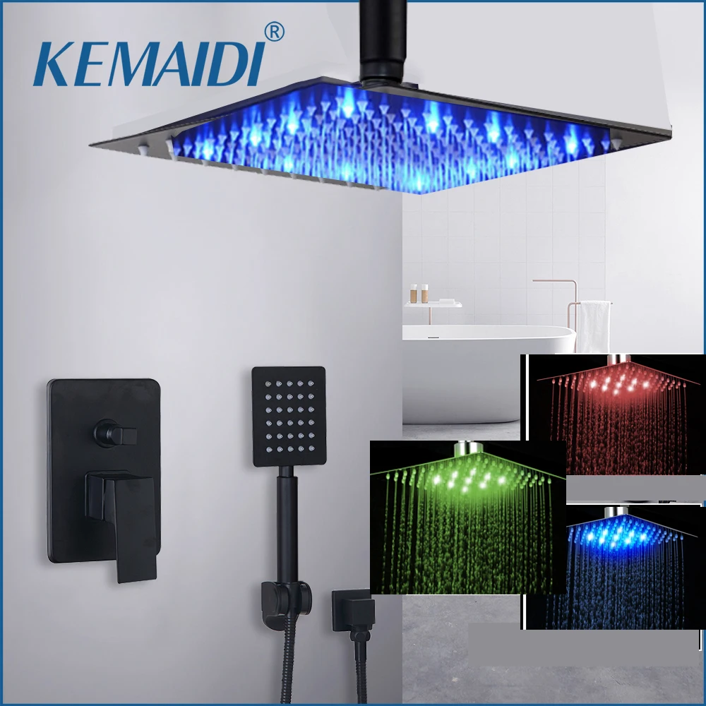 

KEMAIDI Bathroom Shower Faucet Set Black Brass 8/16 LED Cold and Hot Mixer Tap W/ Waterfall 2-Functions Rainfall Shower Head