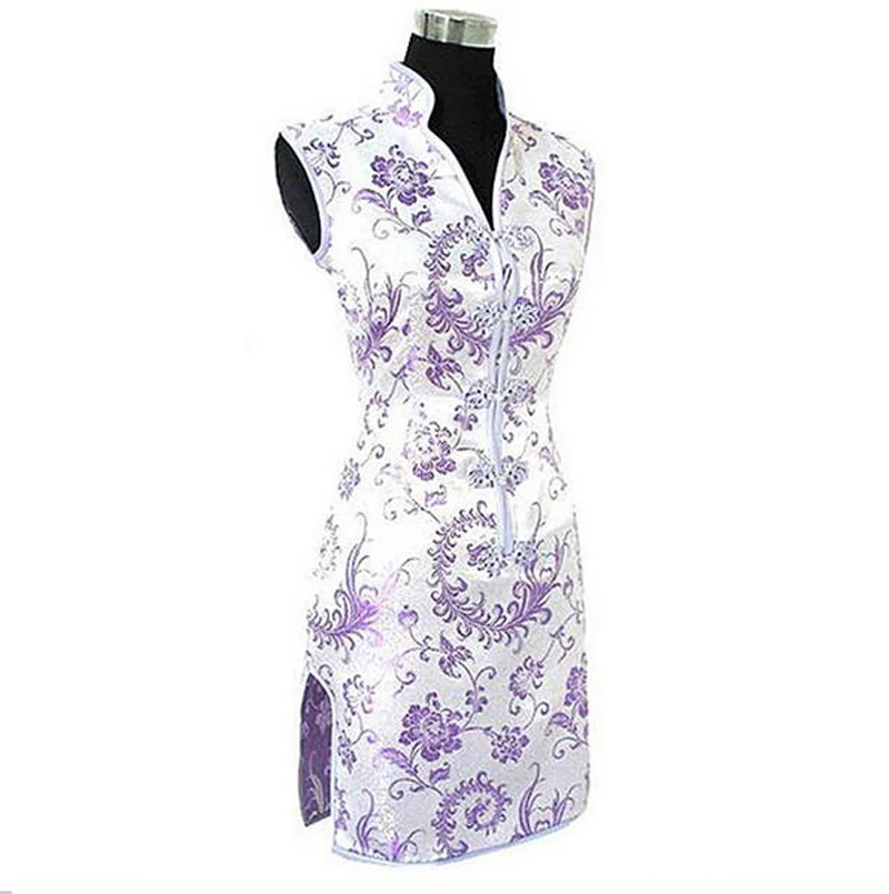 Promotion Purple Traditional Chinese Lady Silk Cheongsam Qipao Prom Club Dress Totem&Flower Size S M L XL XXL XXXL WC173