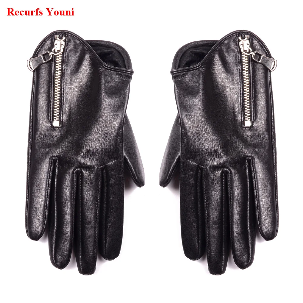 Branded NEW Novelty Women Spring Genuine Leather Thin Short Gloves Female Locomotive 100% Leather Zipper Luva Mujer Punk Eldiven