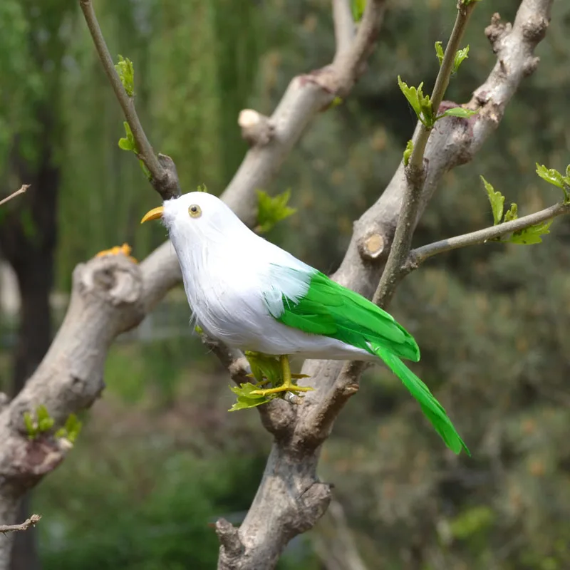 

about 16cm grenn &white feathers bird ,plastic foam & feathers bird Handmade art model toy ,garden decoration toy gift w5514