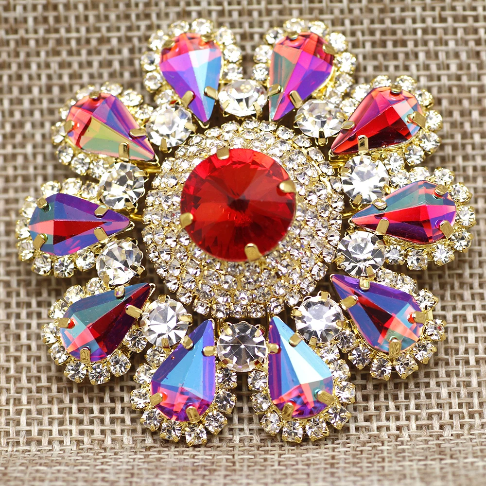 55mm colorful Round Flower Shape sew on rhinestone with golden claw setting Rhinestone Buttons for clothing Dress decoration