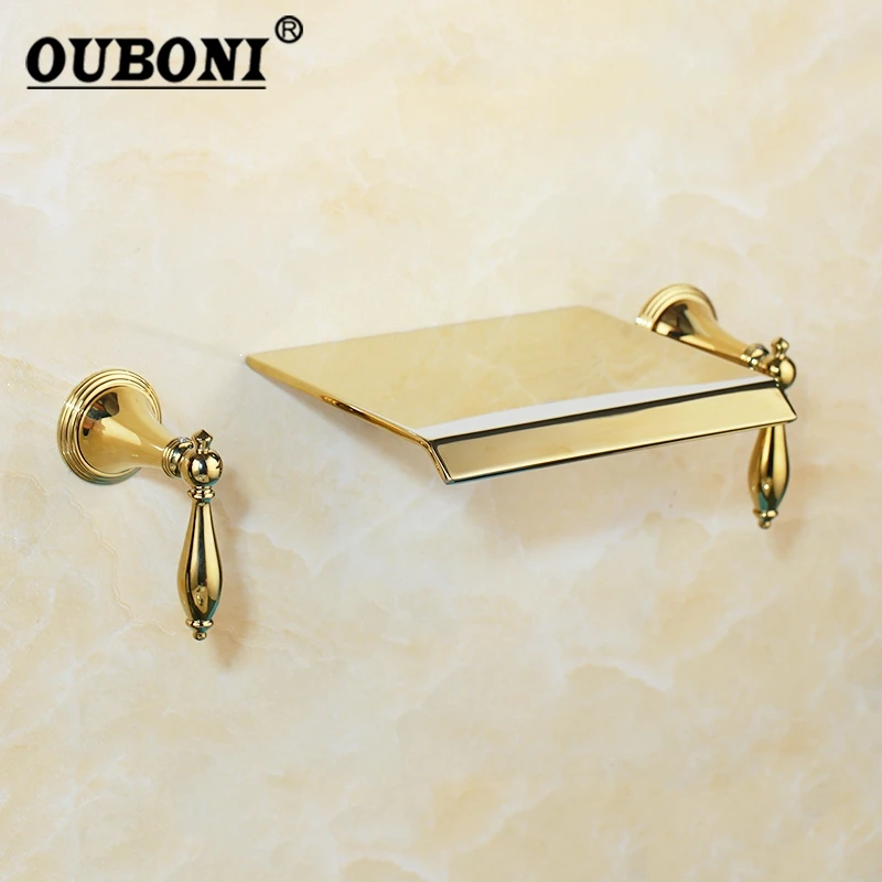 

OUBONI 3 Pieces Set 2 Handles Golden Plated Bathtub Faucets Gold Bathroom Faucet Deck Mounted Basin Sink Faucet Mixer Tap