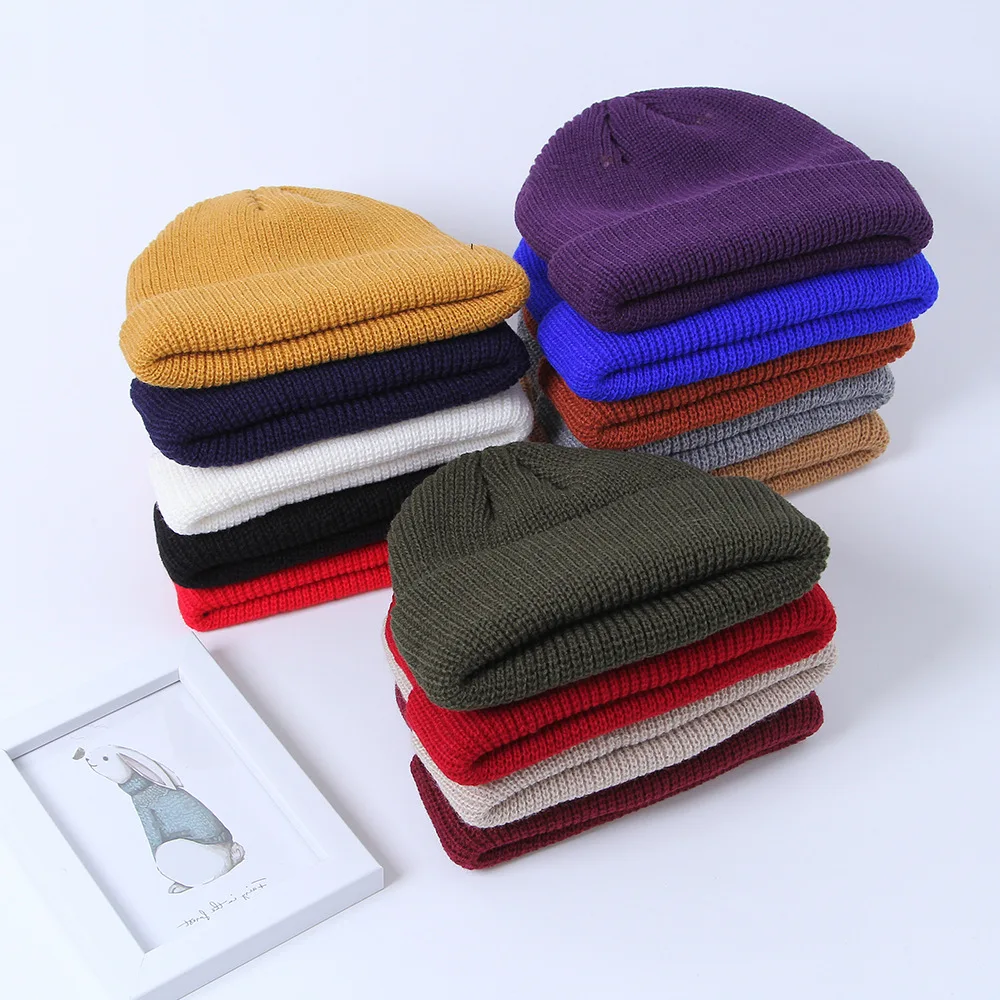 Gorro de pescador de punto acanalado para hombre y mujer, gorro corto de melón, Color sólido, estilo Retro, Hip-Hop, holgado, Z65