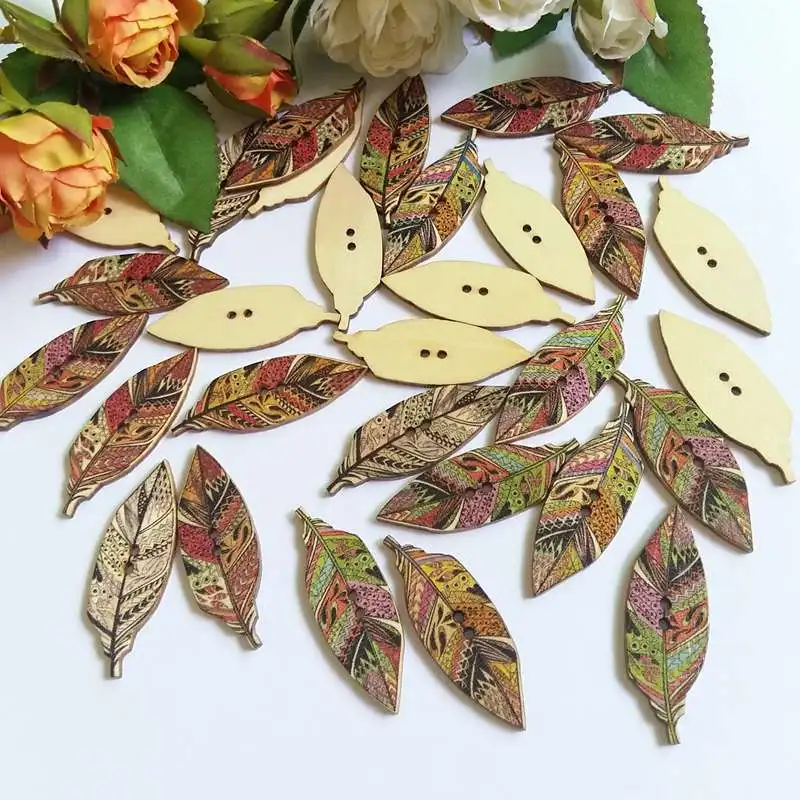 50pcs Multicolor leaf buttons Fit Sewing Scrapbooking for Crafts Decoration Accessories  Mixed bulk Wooden decorative Buttons