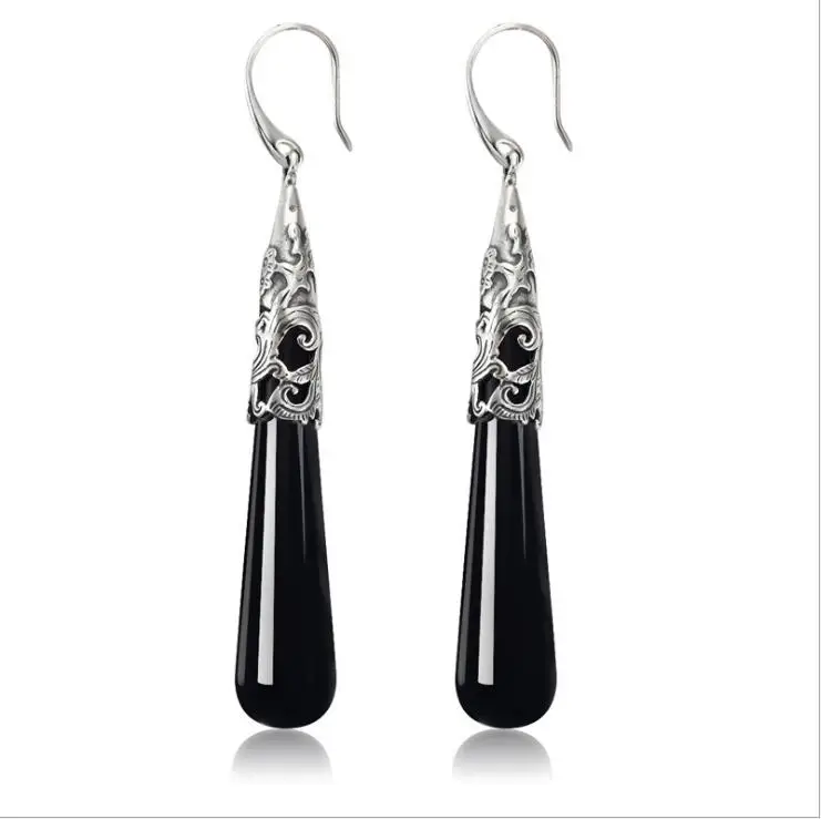 

KJJEAXCMY fine jewelry 925 sterling silver black agate long exaggerated earrings black national wind new christmas party gift