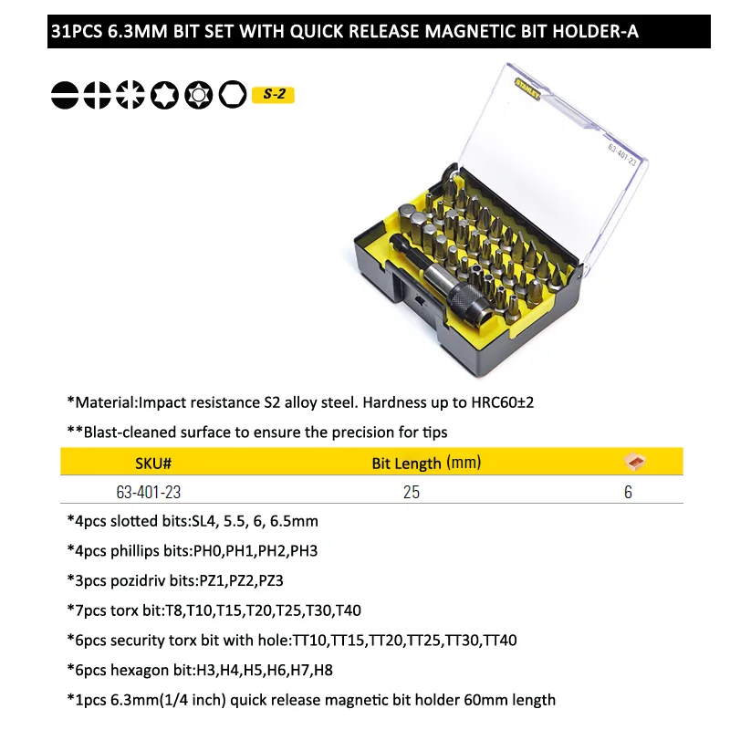 Imagem -02 - Stanley-conjunto de Ponteira de Chave de Fenda 25 mm 31 Peças com Suporte de Ímã de Liberação Rápida Magnético 60 mm Phillips Pozi Torx Etc.