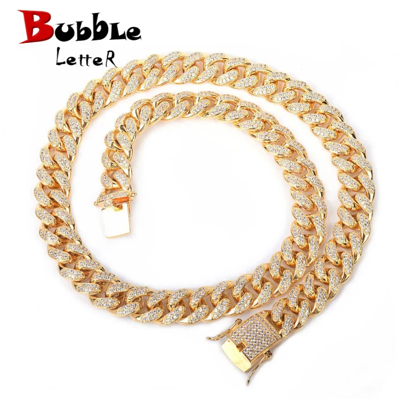 Bubble Letter Iced Miami Cuban Link Chain Men Necklace Hip Hop Jewelry Gold Color Free Shipping Items