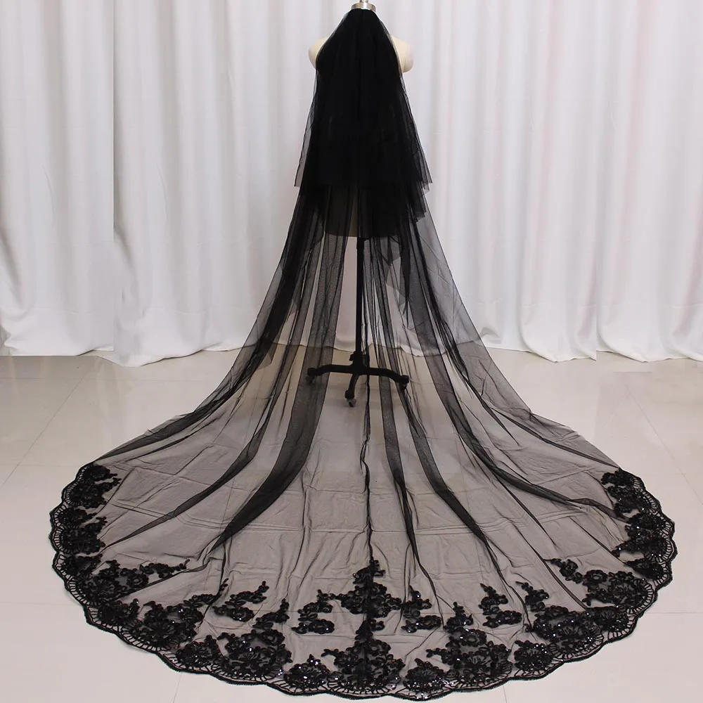 Schöne Schwarz Lange Hochzeit Schleier 2 T 3 Meter Kathedrale Abdeckung Gesicht Schwarz Gothic Braut Schleier Hochzeit Zubehör