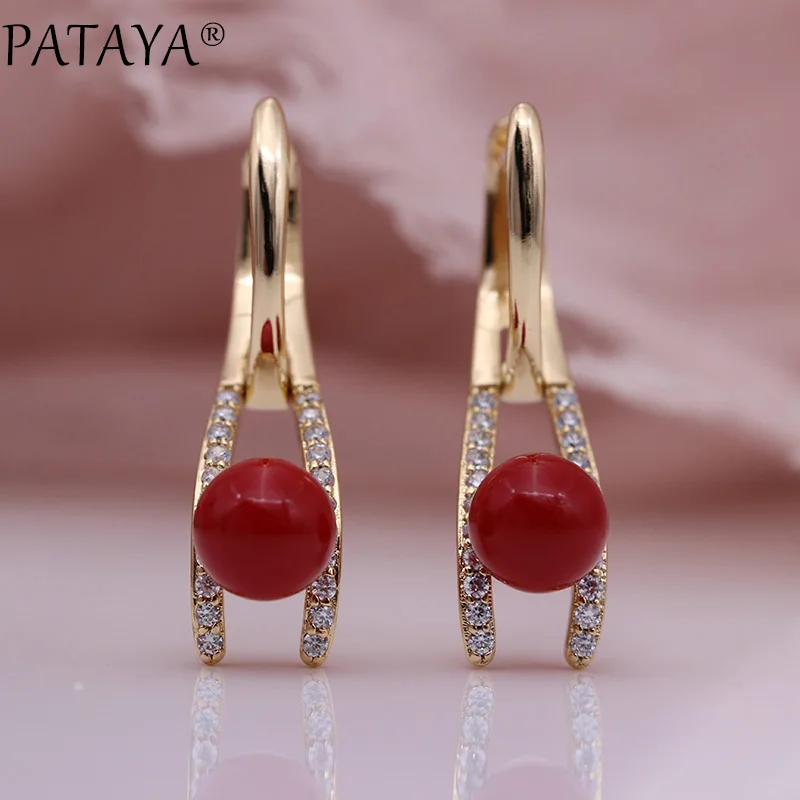 PATAYA New Fine Turkish Blue Shell Pearls Drop Earrings 585 Rose Gold Color Fashion Jewelry White Round Natural Zircon Earrings