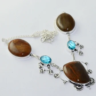 

Tiger Eye & Blue Topas Necklace Silver Overlay over Copper, 50.5 cm, N2100