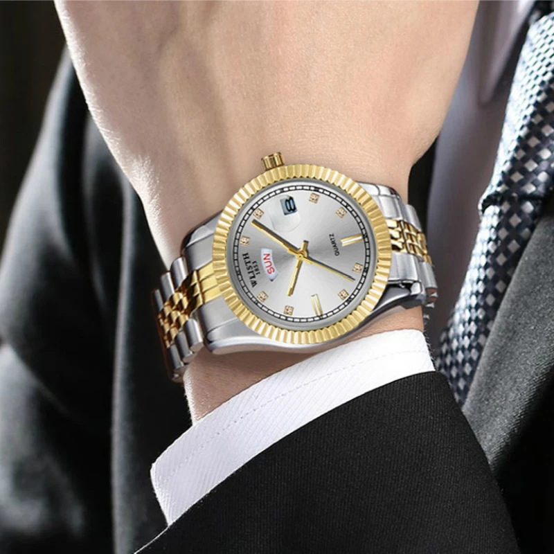 Top Luxury Brand Gold Watch Men Stainless Steel Date Week Display Men\'s WristWatch Golden Male Clock Classic Relogio masculino