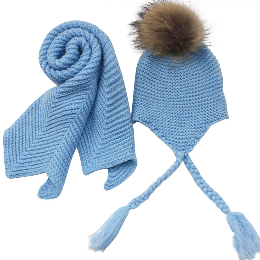 Crianças de malha cachecol chapéu conjunto de luxo inverno quente crochê chapéus e cachecóis com pele real pom beanie chapéu cachecol para meninos e meninas