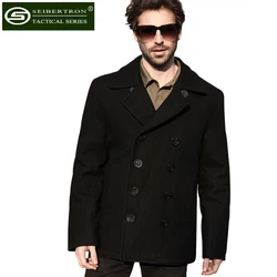 Seibertron Brand Winter Men's Woolen Coat US Navy Type 80% Wool USN Pea Coat Black and Blue Color Warm Anti-sweat Coat