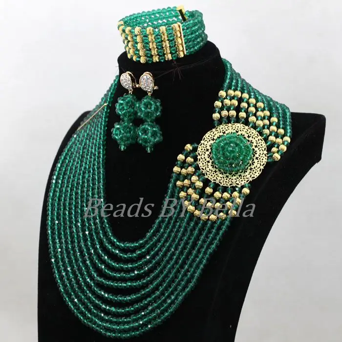 Dubai Bridal Jewelry Set Nigerian Wedding Beads Jewelry Set Teal Green Crystal Costume African Jewelry Sets Free Shipping ABK834