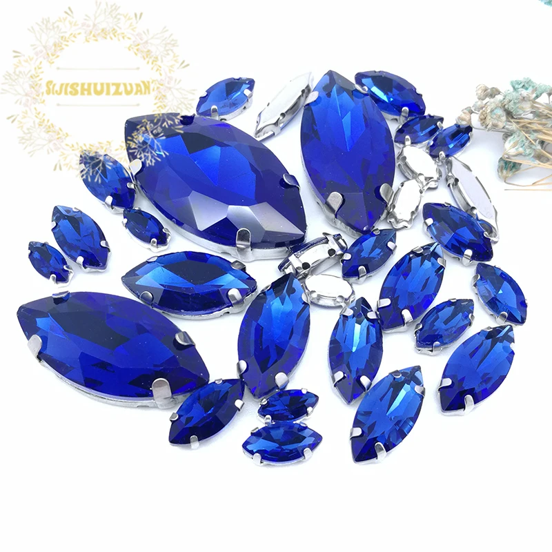 Silver Claw Setting 30pcs/Bag Sapphire Blue Horse Eye Shapes Mix Clear Gass Crystal Sew On Rhinestone Wedding Dress Shoes Bag