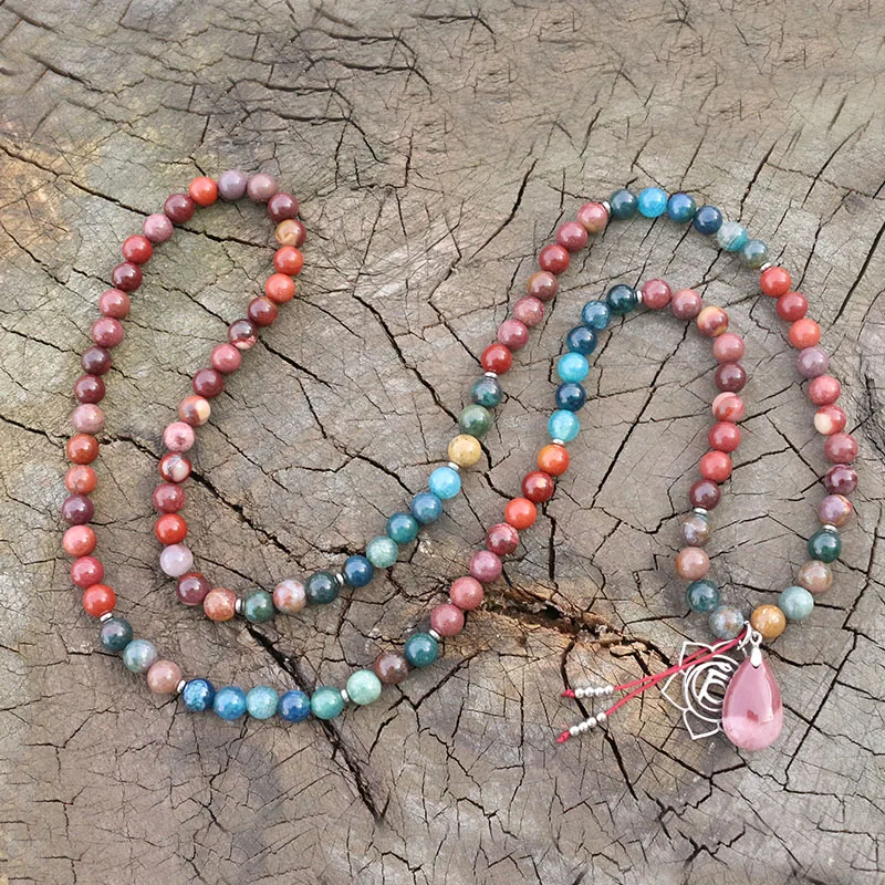 Mookaitet de 8 mm, ágata india, ónix verde teñido, potente collar JapaMala curativo de chakras, Mala de meditación, natural, 108 cuentas de Mala