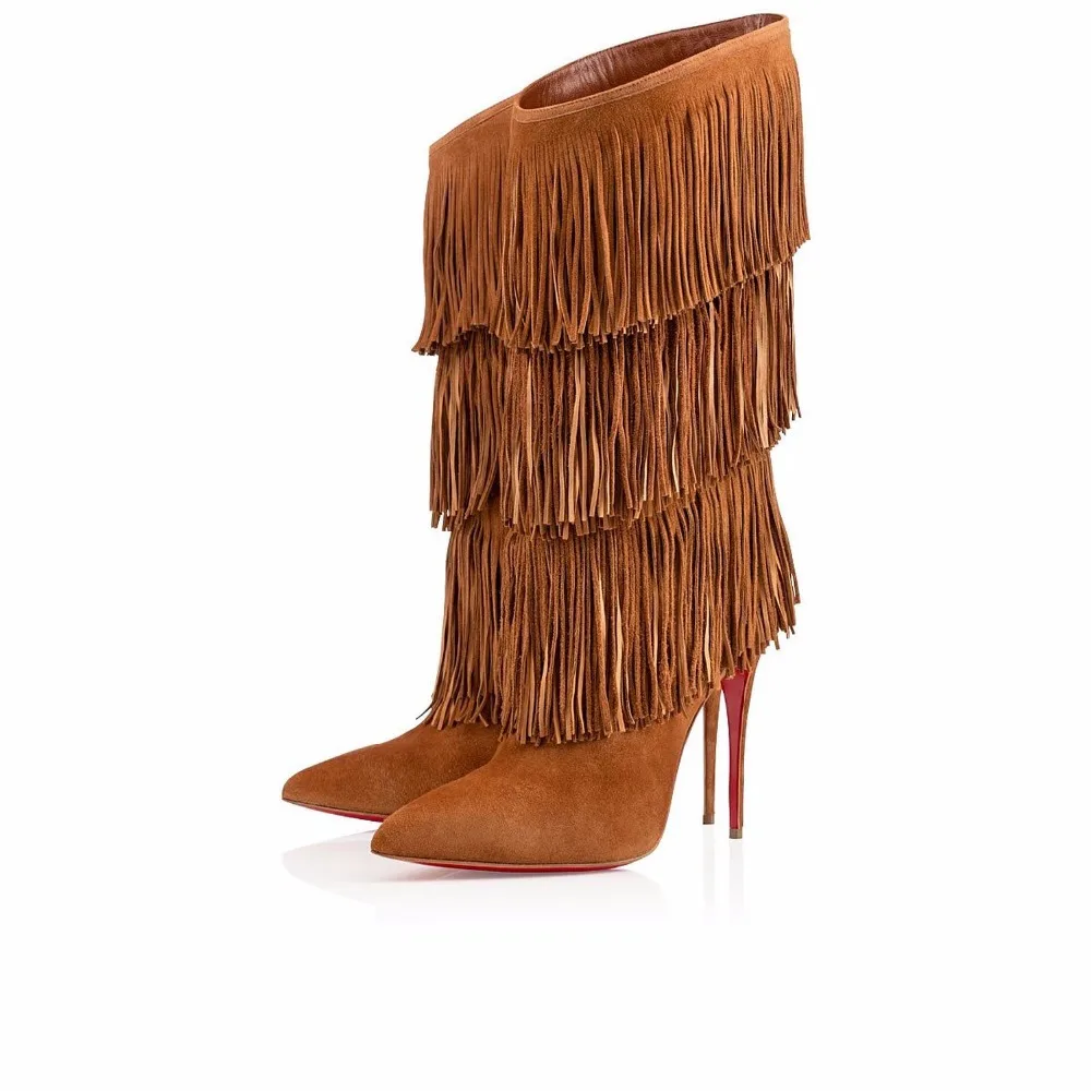 2021 Fashion Heeled Brown Pointed Toe Tassel Mid Calf Boots Ladies Winter Shoes Black High Heel Tan Fringe Boots For Women