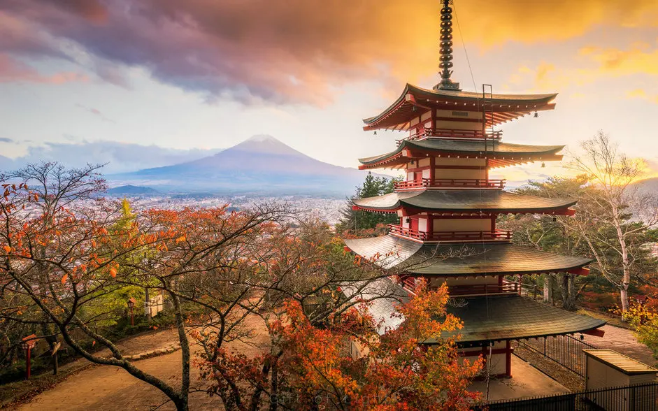 Asian Palace Architecture Pagoda Mountain Tree Fuji Japan photography backgrounds   Computer print scenic backdrops