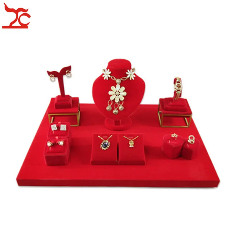 

Luxury Red Velvet Jewelry Display Showcase Necklace Bangle Ring Organizer Stainless Steel Earring Pendant Window Display Stand