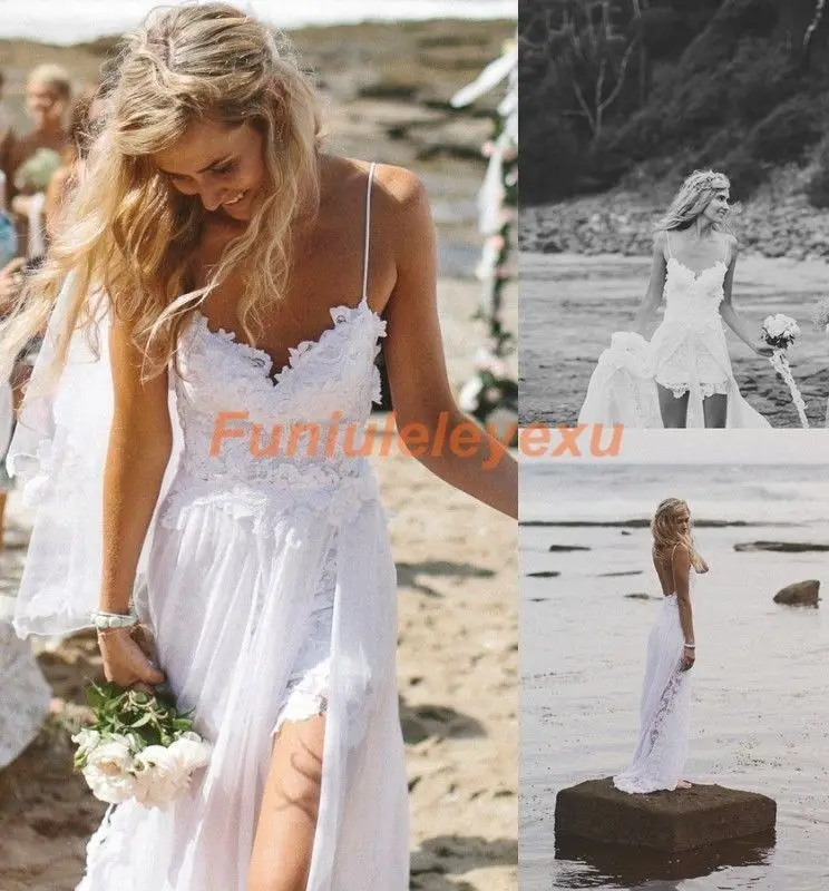 Sexy novo espaguete sem costas praia vestidos de casamento verão alta baixa renda chiffon vestidos de noiva branco marfim tamanho 2 4 6 8 10 12 14 16