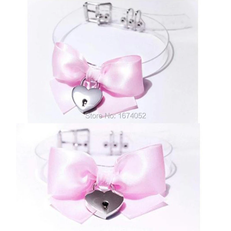 Harajuku Cosplay Kawaii Lolita Big Bow BowKnot  Choker Clear Transparent Vinyl Collar Padlock Lockable Key Necklace