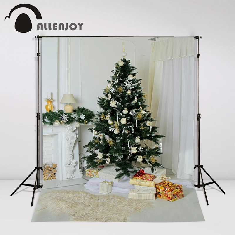 Allenjoy photography Christmas backdrop Tree fireplace gift white New Year professional background pictures for photo studio