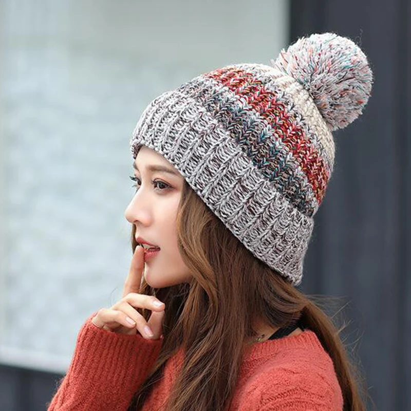 New Winter Hat For Women Ski Women\'s Cap Rainbow Colorful Wool Knitted Hat With Pompoms Female Warm Hat Skullies Beanies