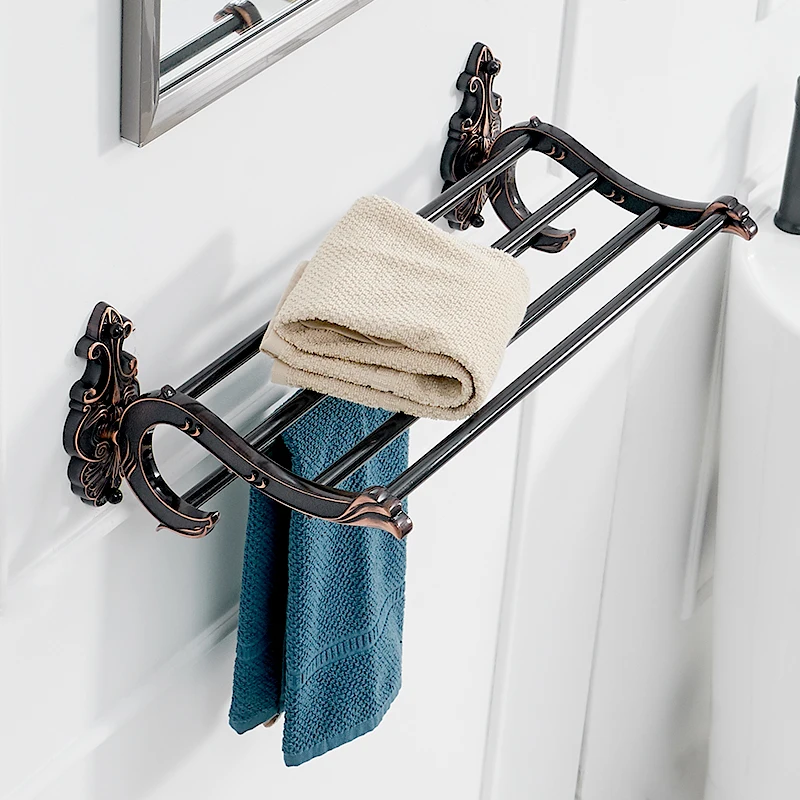 Bathroom Shelves Wall Mounted Black Towel Rack Holder Towel Hanger Bath Towel Holders WC Clothes Storage Shelf WF-88812