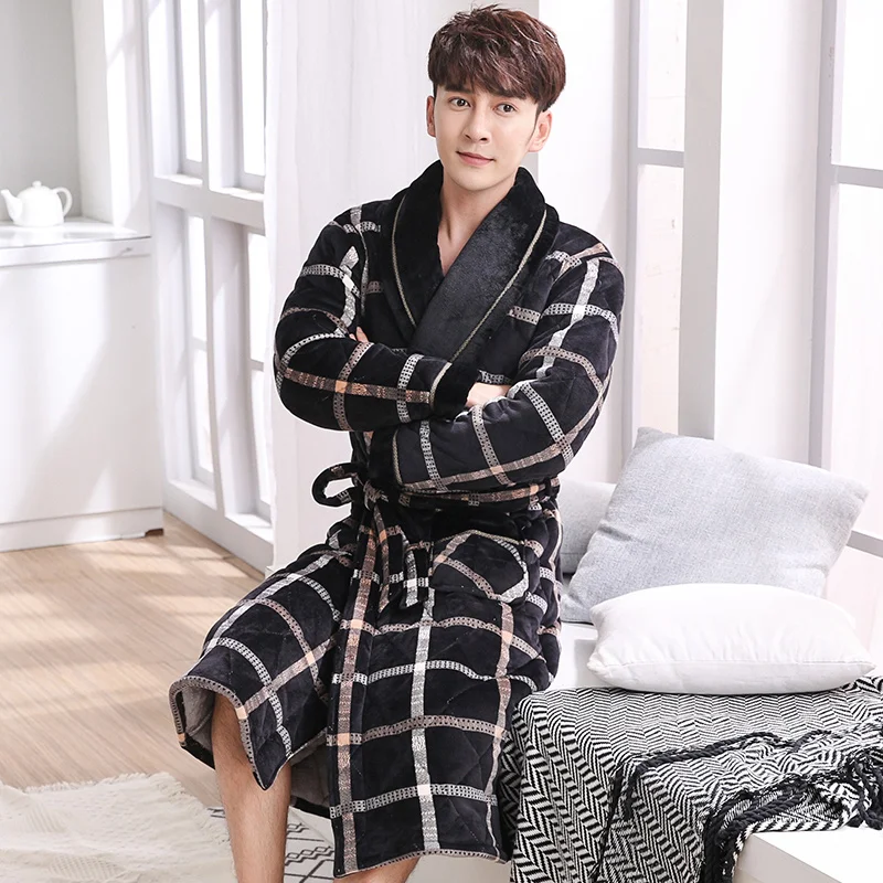 New Men Winter 3 Layers Coral Feece Quilted Robe Plaid Long Sleeve Kimono Bathrobe Gown Casual Home Clothes Male SPA Sleep Wear