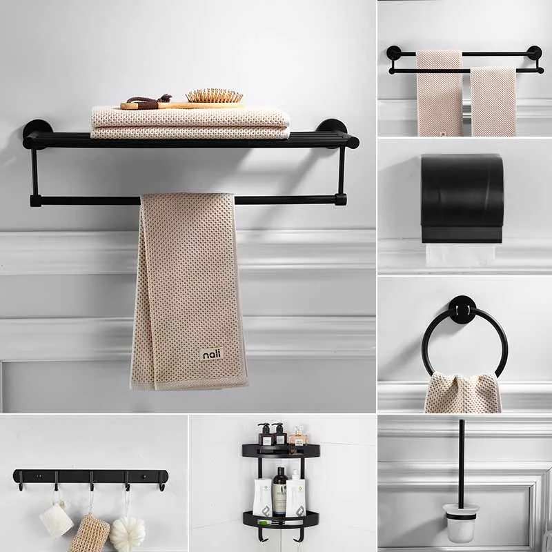 

Bathroom Hardware Set Towel Rack Paper Holder Towel Bar Corner Shelf Toilet Brush holder Black Brushed Bathroom Accessories Set