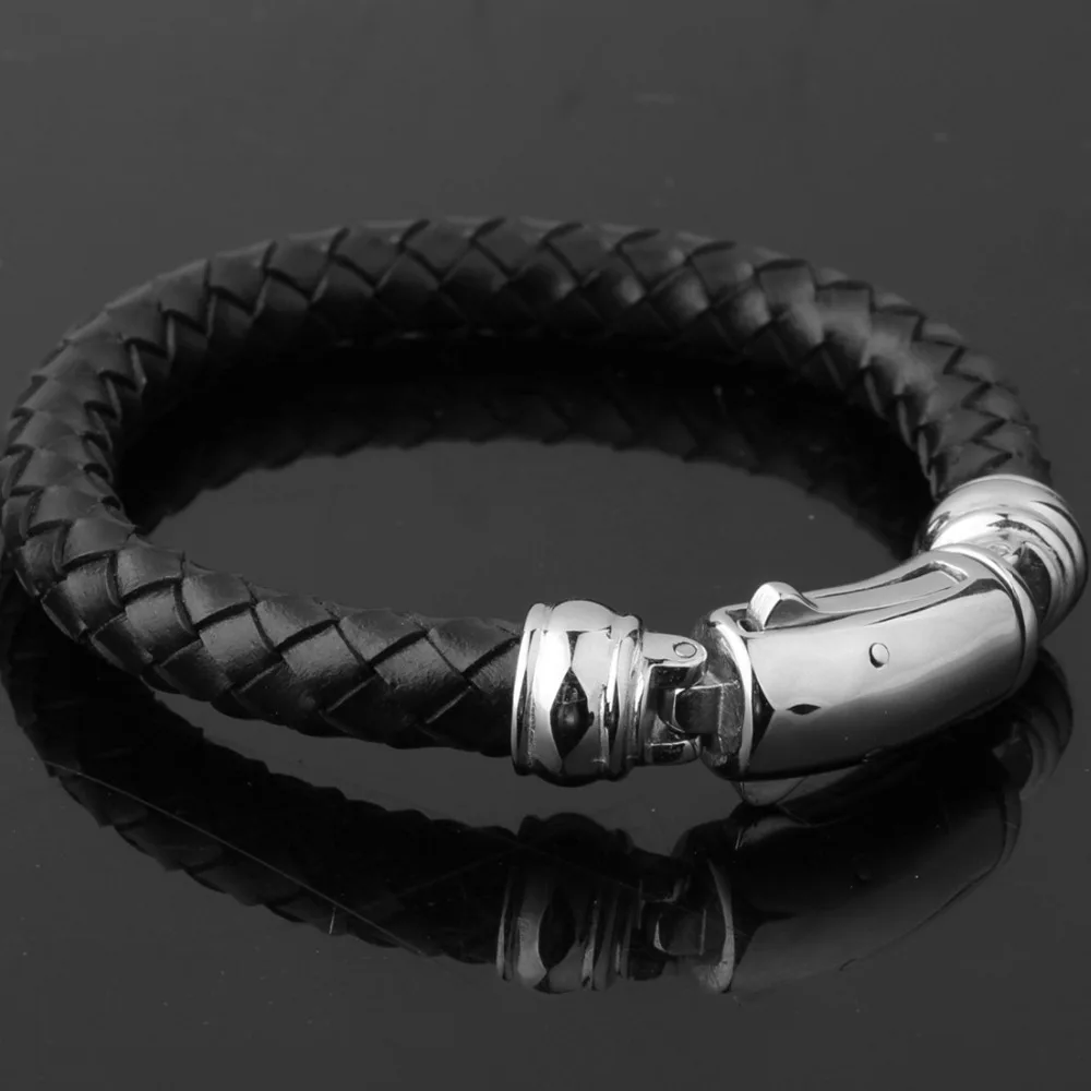 9.4mm Fashion Silver Color Clasp Black Wristband Braided Leather Men Boys Stainless Steel Bangle Bracelet Friend Gift 9