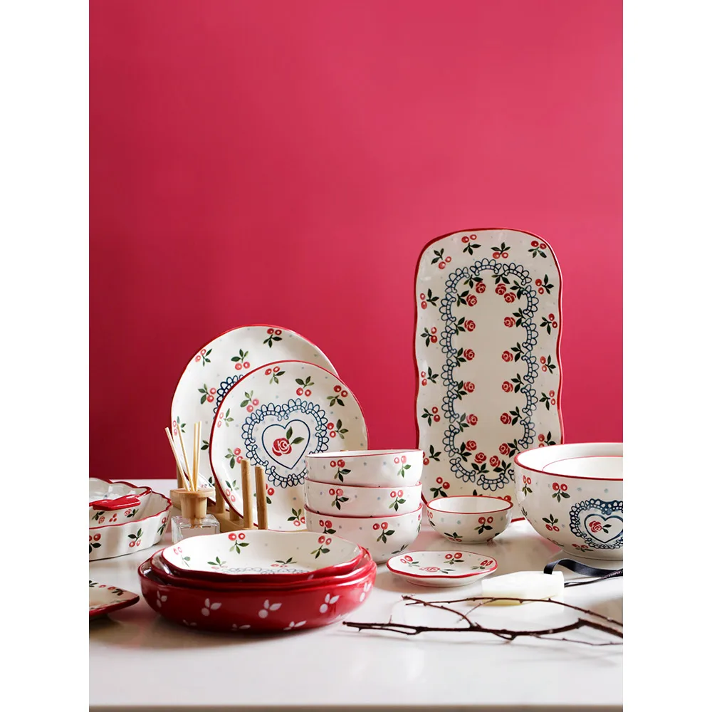 Ceramic Dinnerware Set Cherry Handpainted Printed Japan Style Porcelain Bowl Plates Under Glazed Creative Cutlery Microwave Oven